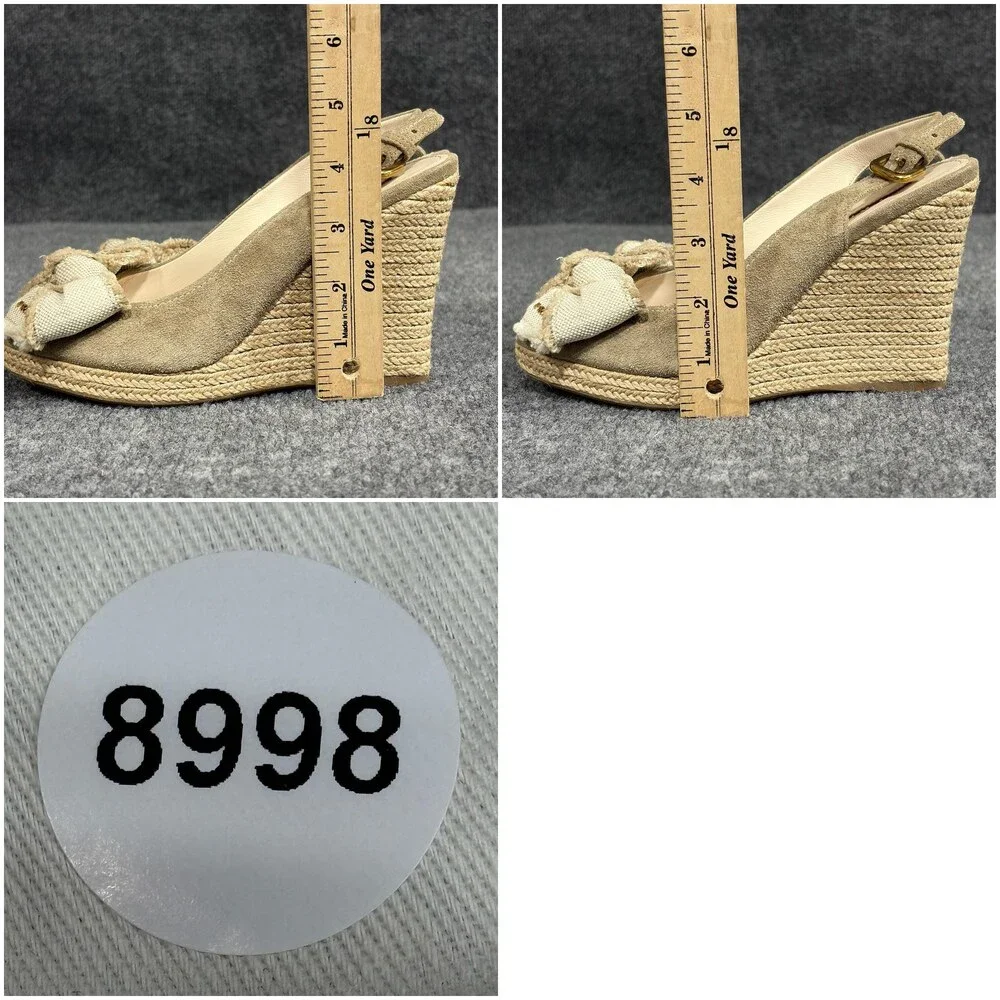 Prada Wedge Sandals Womens 5.5 Beige Espadrille Bow Peep Toe Suede Canvas